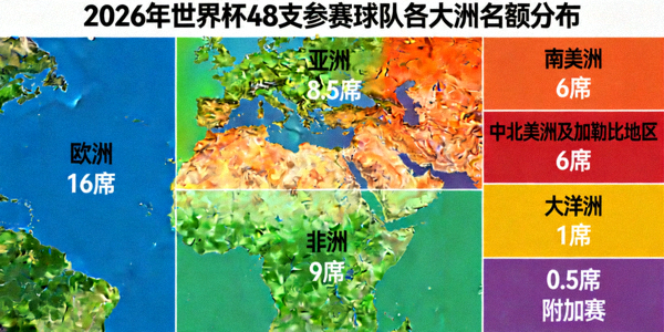 2026年世界杯48支参赛球队各大洲名额分布示意图