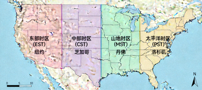 美国主办城市时区分布图，涵盖东部、中部、山地和太平洋时区